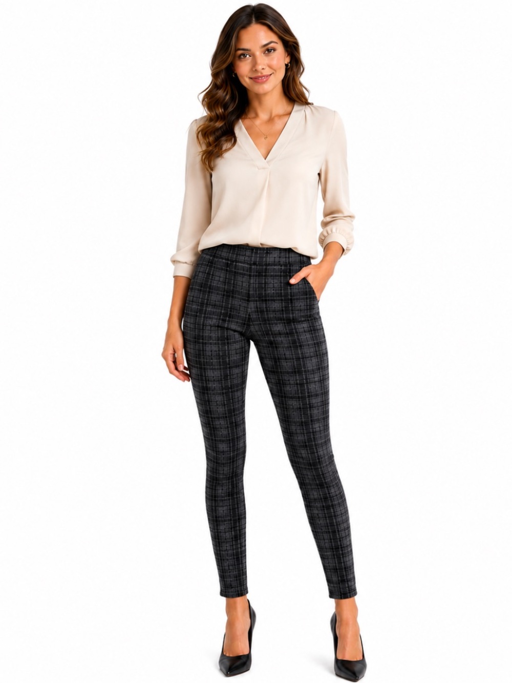 LOFT Outlet Gray Black Plaid Pull-On Leggings Pants Size M